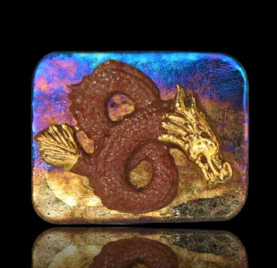 Dragon<br />Gold on brown glass clay on irrid
