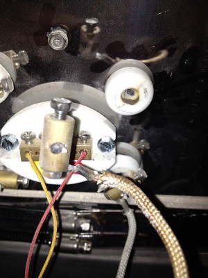 I belive its the wire that controls the heat coils - took it off and found out that the screws holding the box on were not set in very far- causing alot of stress on those wires